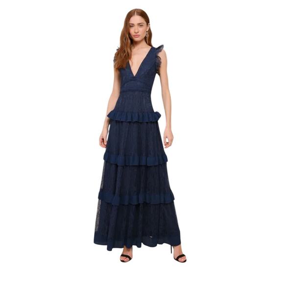 LULUS‎ Marvelous Darling Navy Blue Lace Ruffled Tiered Maxi Dress-Size M - Picture 1 of 9